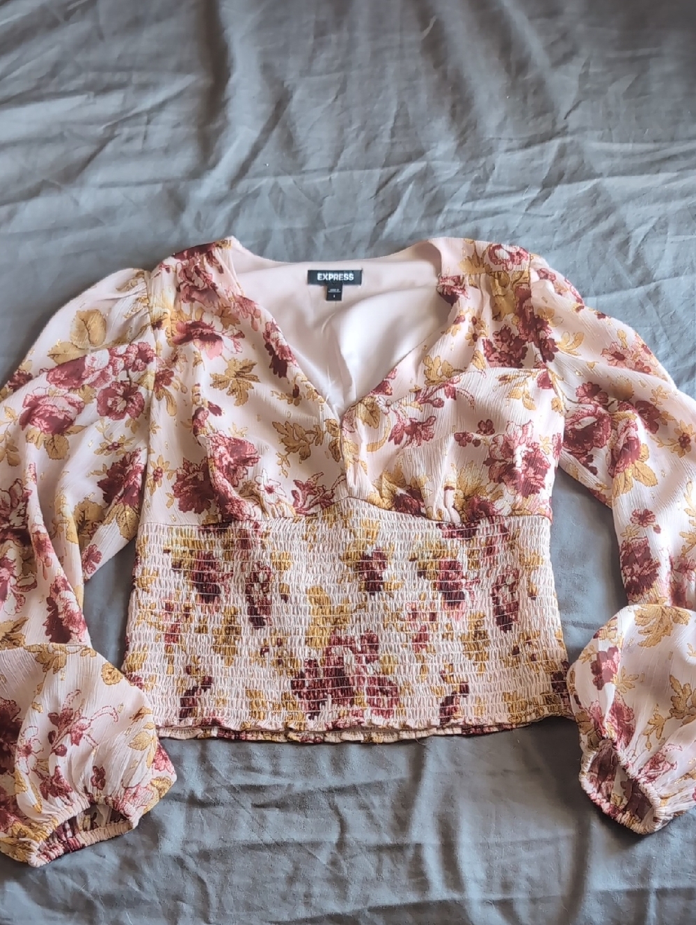 Express Blush Floral Smocked Waist Long Sleeve Top